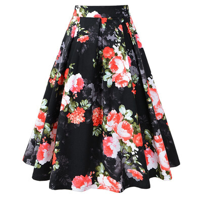 

Hepburn cotton plaid printed retro skirt large swing high waist pleated skirt