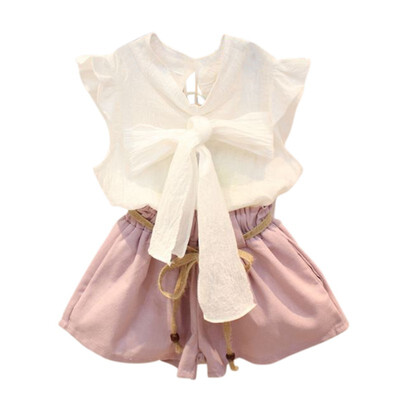 

Summer Autumn Children Girls Clothing Sets Bow Sleeveless Solid Cotton T-Shirts Shorts Sets Kids Clothes For Girl