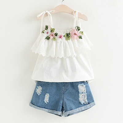 

Children Girls Summer Word Shoulder Sling Printed Sleeveless T-Shirt Casual Tops Hole Jeans Pants