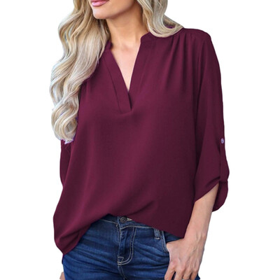 

Women Blouse Long Sleeve Sexy V Neck Autumn Office Lady Chiffon Irregular Shirt Black White Red Female Blouses Plus Size Tops
