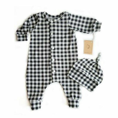 

US Infant Baby Boy Girl Kids Plaid Romper Jumpsuit Hat Outfit Autumn Clothes Set