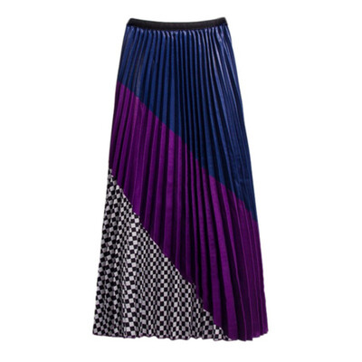 

Spring Summer New Contrast Color Mosaic Plaid Stripe Big Swing Pleated Long Maxi Skirt Women faldas mujer moda jupe femme