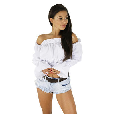 

Women Off Shoulder Crop Tops Candy Color Summer Lantern Sleeve Sexy One Word Collar Beach Blouse