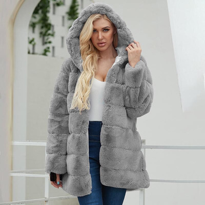 

Fashion Women Autumn Winter Faux Fur Coat Hooded Long Sleeve Front Pockets Solid Color Thick Warm Outwear Fake Fur Jacket