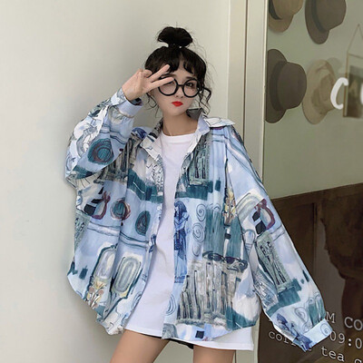 

Women Graffiti Elegant Shirt Autumn Long Sleeve Temperament Loose Leisure Japanese Style Turn-down Collar Harajuku Blouses