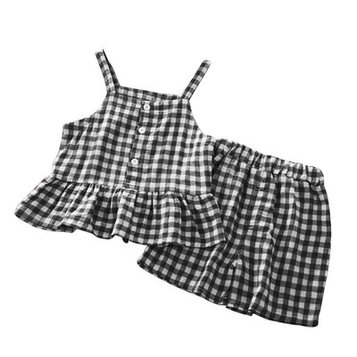 

2pcsset Children Set Summer Fashion Concise Sweet Plaid Sleeveless T-shirts All-match Girls Set