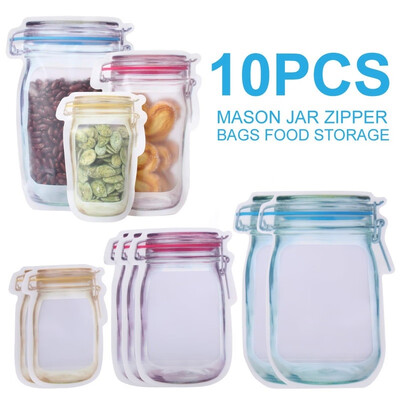 

10 Pcs Reusable Food Storage Bags Mason Jar Zipper Bags Reusable Zip Lock Food Storage Stand Up Pouch