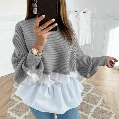 

Women Knitted Sweater Splice O Neck Lantern Long Sleeves Raglan Sleeve Ribbed Autumn Winter Knitting Tunic Tops Blouse