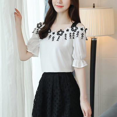 

Womens Floral Embroidery Off Shoulder Short Sleeve Blouse Shirts Ruffled Tops