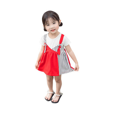 

Hot dress kids childrens girls stitching vertical strip cotton soft solid color short sleeve casual dress for 0-5T