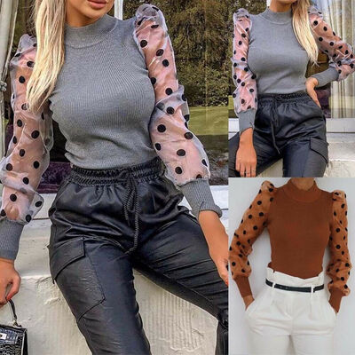 

Women Polka Dot Sheer See-through Long Puff Sleeve Tops Blouse Club T-Shirts