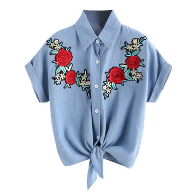 

2019 Women Retro Temperament Rose Embroidered Denim Lapel Blouse Shirt Vintage Short Sleeve Casual Women Blouse And Tops