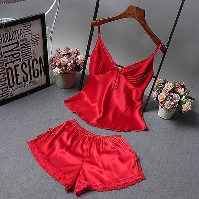 

2PCSSet Imitation Silk Lace Bow Pajamas Women Casual Sexy Deep V Neck Nightgown Home Camisole & Shorts pizama damska New
