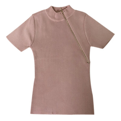 

Women t shirt Summer Casual Concise Zipper women clothes Turtleneck Slim Fit Stripe Knitting Short Sleeve Tshirt