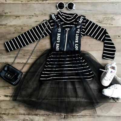 

UK Fashion Infant Baby Girl Clothes Striped TopsStrap Tulle Dress Outfits Set