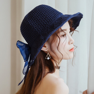 

Korean-style big bow cotton&linen sun-shading basin womens summer beach summer beach folding sun hat tide