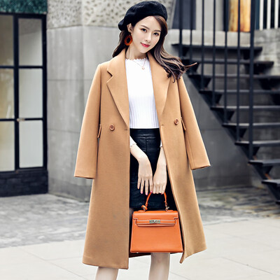 

A pond morning 2018 winter new ladies fashion simple solid color lapel Slim long-sleeved slim warm heating medium long woolen coat S84R0062DA18L camel