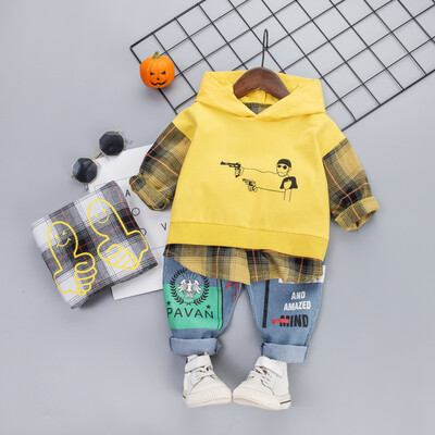 

Autumn Fashion Baby Costume Set Boys Long Sleeve Patchwork Plaid Print Hoodie Sweatshirt TopsCartoon Denim Pants Set Outfit