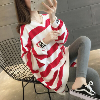 

Women Autumn Spring Stripes Print Slim Long Sleeved V Collar Slim Casual Sweater