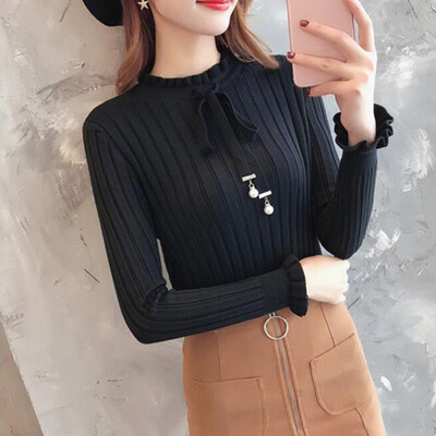 

Women Sweater Autumn Long Sleeve Bow Collar Casual Slim Elegant Sweater Winter Knitted Sweater Lace Up Female Pullover