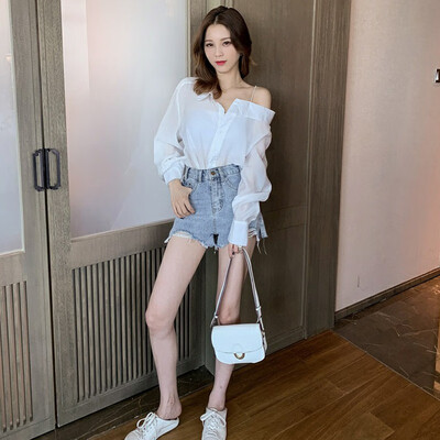

EFINNY Autumn Sling Sexy Off The Shoulder Women Thin Shirt Korean Style Fashion Solid Color White Long-sleeved Blousa