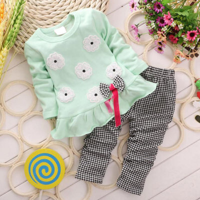 

2pcs Spring Fall Girls Clothing Set Baby Kid Casual Long-sleeved Floral t-shirt Plaid Long Pants