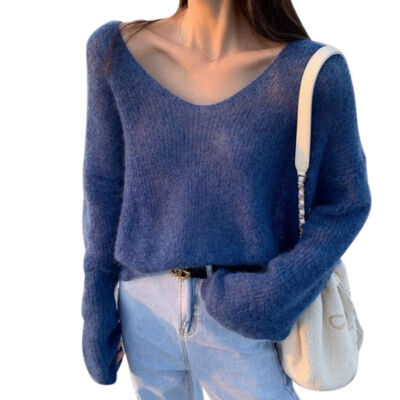 

Autumn Women Knitted Sweater Solid Color Mohair Pullover V Neck Sweet Loose Long-sleeve Knitwear Sweaters jumper pull femme Tops