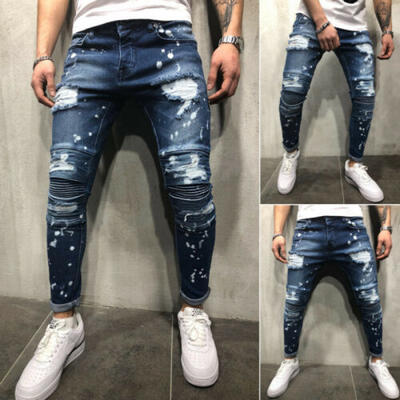 

Mens Stretchy Ripped Skinny Biker Jeans Destroyed Taped Slim Fit Denim Pants