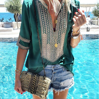 

T Shirt Women Bohemian Loose Comfortable Tshirt Summer V-Neck Half Sleeve Geometric Print Top Tee Casual Haut Femme