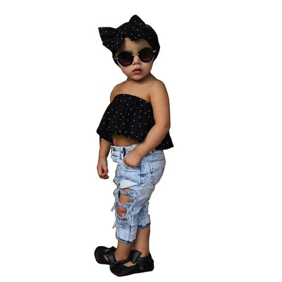 

Baby Girls Baby Clothing Sets Dot Tops Sleeveless Vest Hole Denim Pants Headband 3 pcs Baby Girl Clothing Set