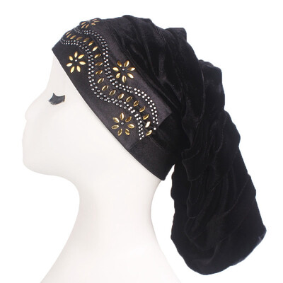 

Women Gold Flower Velvet Turban Hijab Hat Chemo Hat For Hair Loss Headscarf Long Sleep Cap
