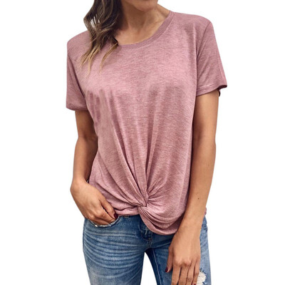 

soft Womens Casual Short Sleeve T-Shirt Round Neck Knot Casual Ladies Fashion Solid Color Tunic Tops Irregular Cotton Shirt