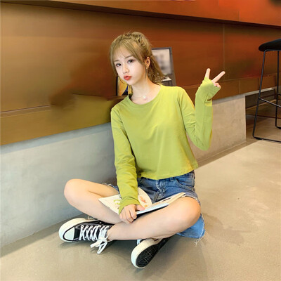 

Womens Solid Round Neck Loose Casual Crop Top Blouse Long Sleeve Warm Pullover