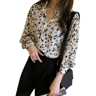

Fashion Vintage Style Chic Print Womens Chiffon Shirts Simple Casual Loose Long-sleeved Office Lady Blouses