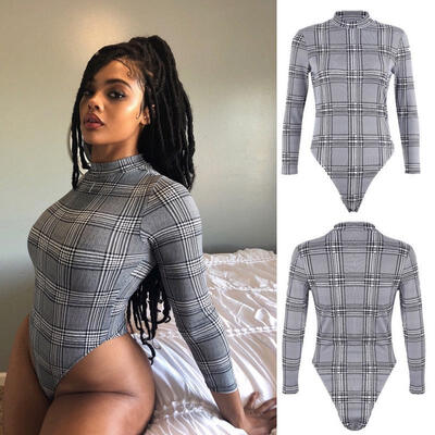 

Sexy Women&39s Long Sleeve Bodysuit Plaid Top Blouse Romper Jumpsuit Lingerie -XL
