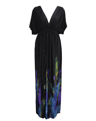 

Sexy Women Plunge V Neck Print Plus Size Dress Ruched Big Size Maxi Party Dress Black
