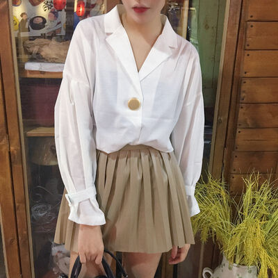 

Women New Autumn Shirts Notched Single Button Solid Color Blouses Fashion Lace Up Cuff Long Sleeve Blouses