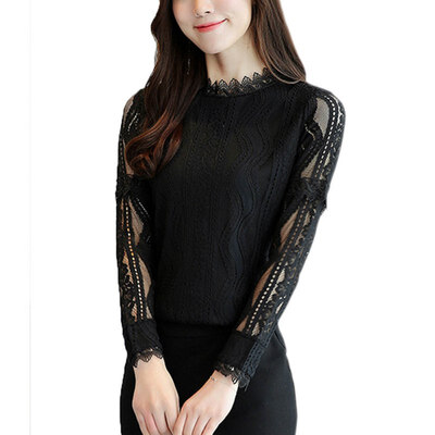 

Women Hollow Out Lace Tops Shirts Lace Blouse Long Sleeve Slim Basic Tops Female Casual Clothing Tops
