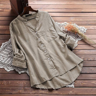 

Blouse Women Casual Solid V Neck Blouse Cotton Linen Autumn Female Tops Long Sleeve V Neck Blouses Office Lady White Blouse
