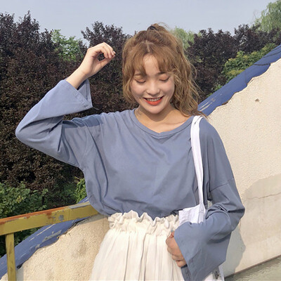 

Basic Simple Solid Color Tee Shirt Women T Shirts Long Sleeve O-Neck T Shirt Loose Fit Pullover Casual Basic T-Shirts Tops
