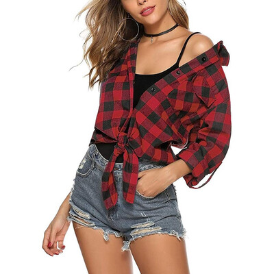 

Gobestart Womens Button Down Long Sleeve Roll Up Boyfriend Plaid Flannel Shirt Casual Top