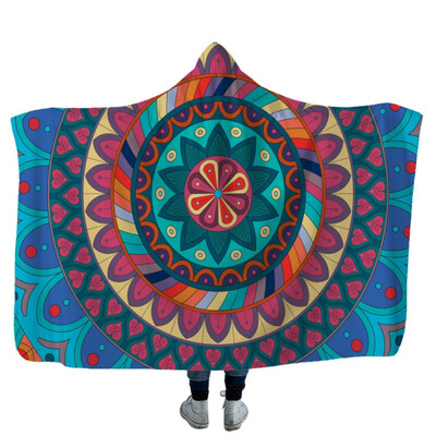 

Mandala Flower Printed Wearable Blanket Double-Sided Plush Hooded Blanket Super Soft Throw Wrap Cloak Cape Travel Mantle
