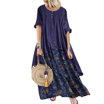 

Vintage Women Autumn Floral Print Splicing Dress Fake Two Pieces O Neck Long Sleeve Button Holidays Maxi Dress