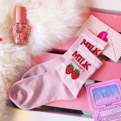 

Fashionable Cotton Socks Cute Letter Strawberry Print Crew Socks All Seasons Socks