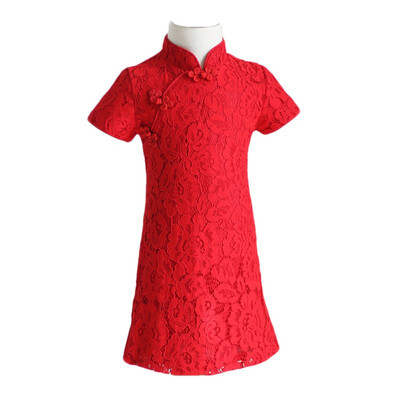 

Summer Girl Short-Sleeved Stand Collar Vintage Chinese Cheongsam Baby Children Lace Vestidos Qipao