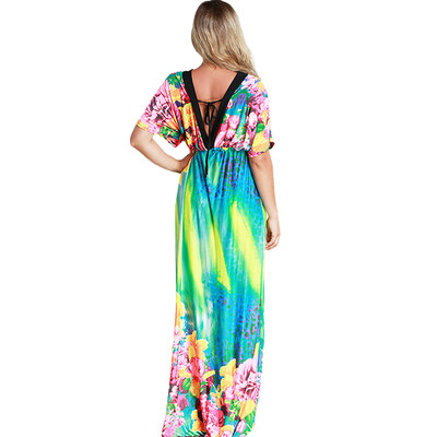

Elegant Women Maxi Dress Floral Print Plunge V Neck Short Sleeve Russian Long Ice Silk Dress Blue
