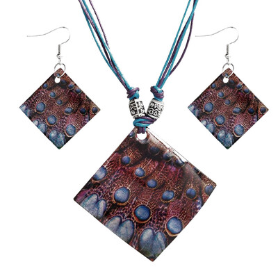 

Women Ethnic Style Shell Color Painting Girl Necklace Earrings Kit Square Shape Lady Gift Jewelry Set