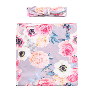 

Newborn Baby Soft Flower Printing Receiving Blankets Swaddling Infant Swaddle Wrap And Headband 2PcsSet
