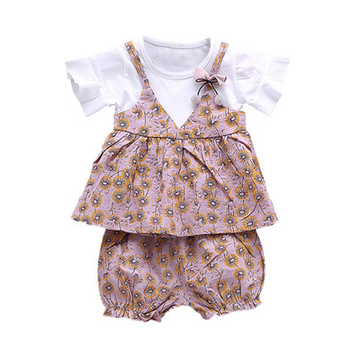 

Children Girls Cotton Clothes Casual Summer Fake 2 Piece Short Sleeve Floral Print T-shirtShorts Fashion Suits 2Pcs Costume Set