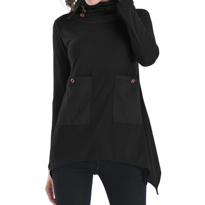 

Tailored Women Slim Solid Turtleneck Scarf Collar Asymmetric Sleeves Skew Hem Tops Blouse